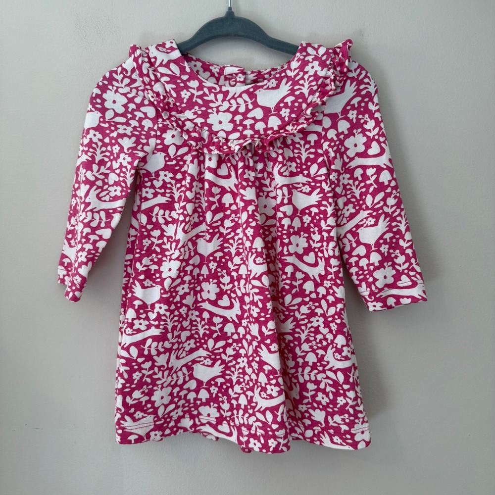 Baby Boden‎ Pink Woodland Bird Mushroom Print Ruffle Collar Cotton Dress 3-6M